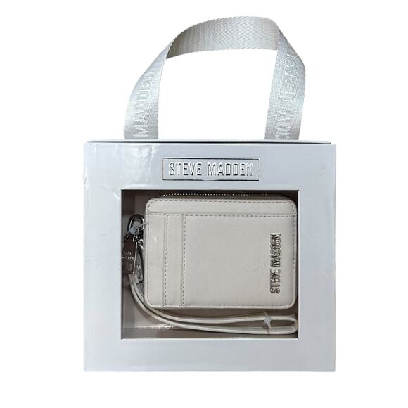 Steve Madden BPipper Zip Around Wristlet NIB Mini Cream Card Case Faux Leather - Picture 1 of 4